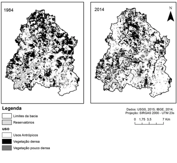 Figura 02 - Uso e ocupação do solo na bacia de Vargem das Flores em 1984 e 2014. 