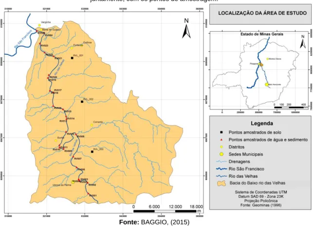Figura 1. O mapa apresenta a localização da área da pesquisa no contexto do Estado de Minas Gerais,  juntamente, com os pontos de amostragem