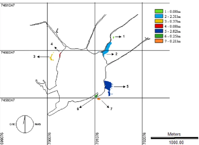 Figure 7. Result of the Boolean overlay of the thematic layers. Seven suitable areas for R