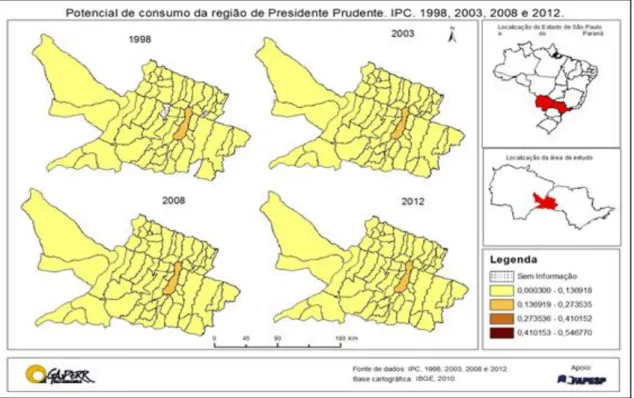 Figura 3: Potencial de consumo da região de influência de Presidente Prudente IPC 1998, 2003, 2008,  2012