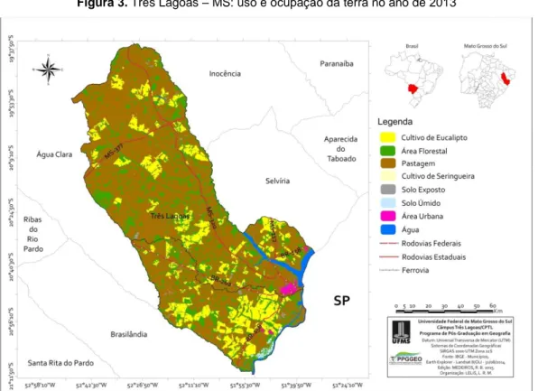 Tabela 3. Três Lagoas – MS: quantidade extraída de madeira em tora para a produção de celulose e  papel (2000 – 2013)  Tipo de silvicultura  2000  2005  2010  2013  Quantidade  (metros cúbicos)  Quantidade  (metros cúbicos)  Quantidade  (metros cúbicos)  Q