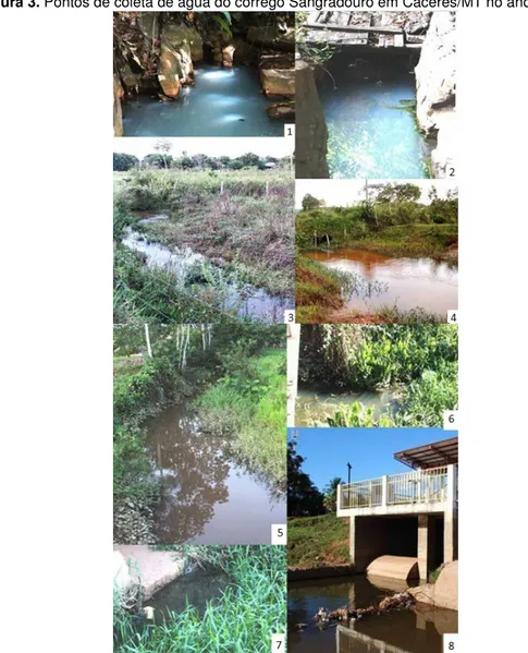 Figura 3. Pontos de coleta de água do córrego Sangradouro em Cáceres/MT no ano de 2011