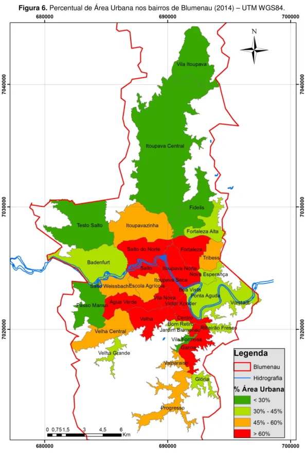 Figura 6. Percentual de Área Urbana nos bairros de Blumenau (2014) – UTM WGS84.