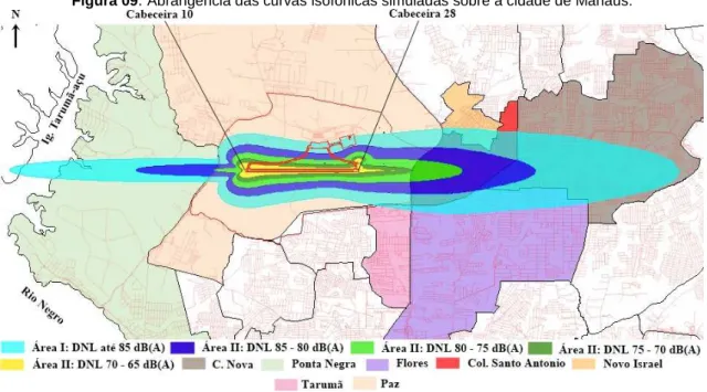 Figura 09 .  Abrangência das curvas isofônicas simuladas sobre a cidade de Manaus. 
