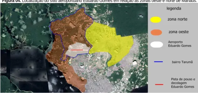 Figura 04. Localização do sítio aeroportuário Eduardo Gomes em relação às zonas oeste e norte de Manaus