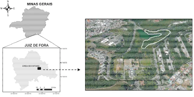 Figura 1. Localização geográfica e delimitação física (linha branca) do fragmento florestal urbano ao redor  do reservatório hídrico do Campus da Universidade Federal de Juiz de Fora (UFJF), Juiz de Fora, Minas 