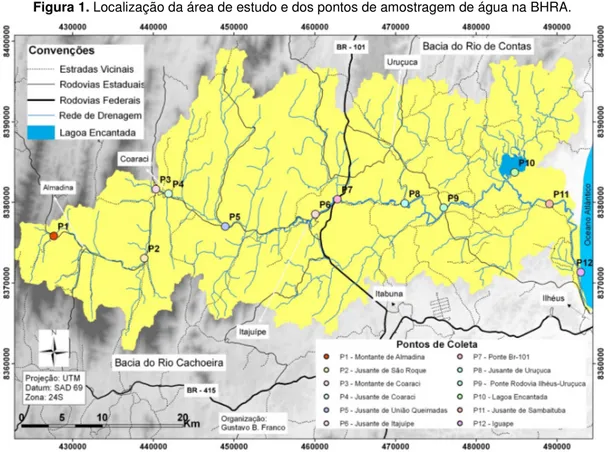 Figura 1. Localização da área de estudo e dos pontos de amostragem de água na BHRA. 