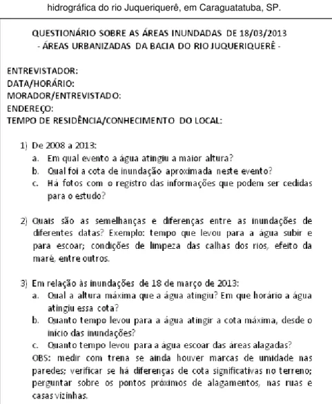 Figura 3. Formulário utilizado nas entrevistas com os moradores das áreas inundáveis da bacia  hidrográfica do rio Juqueriquerê, em Caraguatatuba, SP