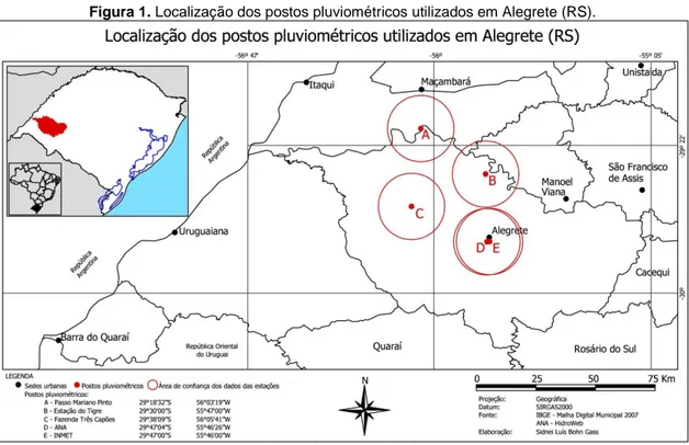 Figura 1. Localização dos postos pluviométricos utilizados em Alegrete (RS). 