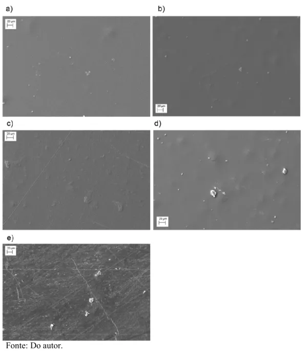 Figura  3  -  Micrografias  obtidas  para  os  filmes  adicionados  de  montmorilonita  nas  seguintes concentrações: a) 0,0% m/m, b) 0,5% m/m, c) 1,0% m/m, d) 2,0% m/m e e) 4,0% 