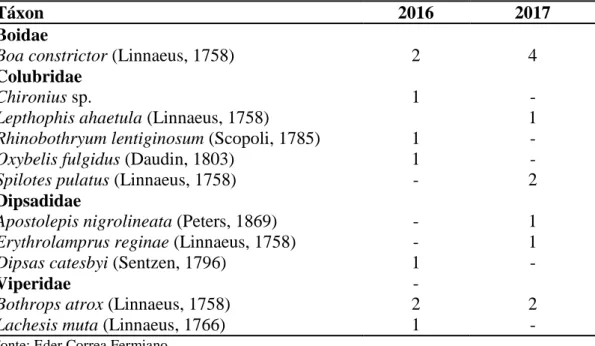 Tabela 1 – Espécies de serpentes registradas ocasionalmente em Alvorada do Oeste  – RO entre 2016 e 2017.