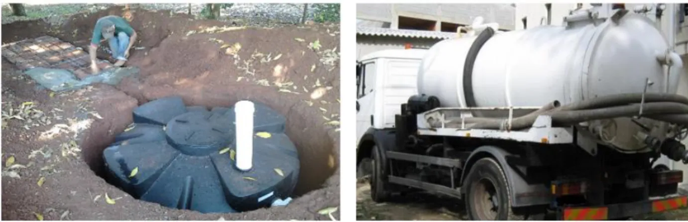 Figura 3 - Exemplo de uma fossa séptica estanque e veículos cisterna utilizados na sua  limpeza