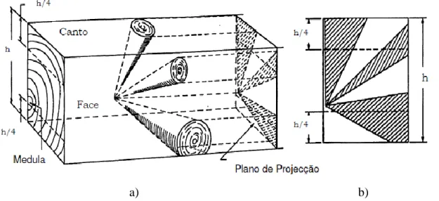 Figura 2.7: Método KAR de avaliação dos nós: a) vista axonométrica mostrando em  três dimensões um grupo de nós de uma peça e a sua projeção sobre um plano  transversal; b) plano transversal de projeção