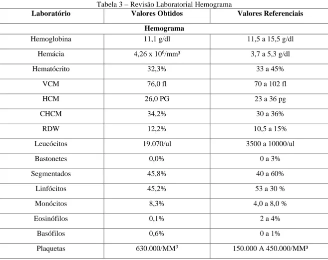 Tabela 3 – Revisão Laboratorial Hemograma 