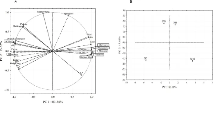 Figure  1.  Principal  component  analysis:  parameters  evaluated  (A)  and  nuggets  formulations  (B)