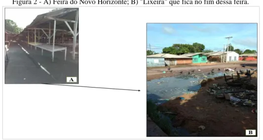 Figura 2 - A) Feira do Novo Horizonte; B) &#34;Lixeira&#34; que fica no fim dessa feira