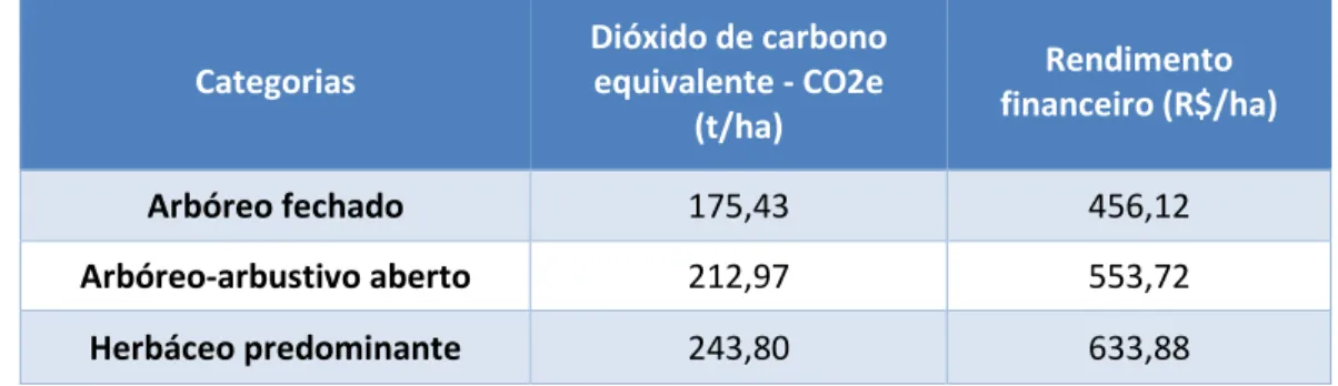 Tabela 10. Comparação do rendimento e custo de restauro florestal para as três categorias de degradação,   com o valor de € 1.00 por tCO2e (valores em R$ de abril de 2013)