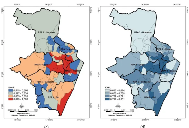 Figura 4 - Distribuição espacial do IDH, IDH-E (Educação), IDH-R (Renda) e IDH-L (Longevidade)   nos bairros do Recife, com identificação das RPA’s