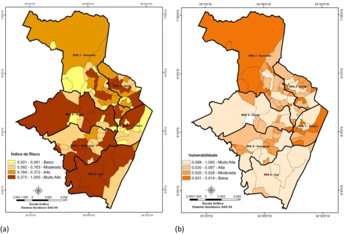 Figura 5 -  Distribuição espacial do índice de risco e de vulnerabilidade a desastres nos bairros do Recife,   com identificação das RPA’s