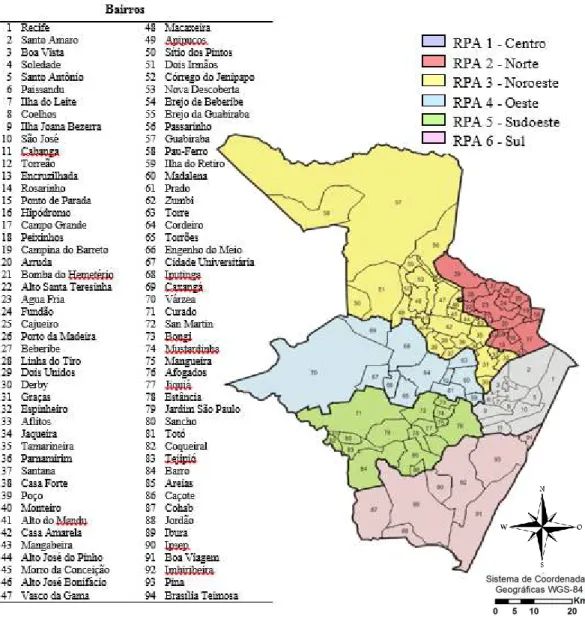 Figura 1 -  Mapa da cidade do Recife com identificação dos 94 bairros e das seis regiões político-administrativas  Fonte: Prefeitura do Recife, 2008