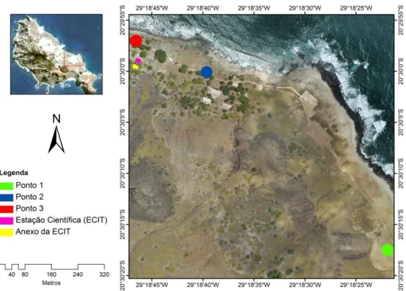 Figura 3 - Localização dos pontos de contagem nas proximidades da ECIT e da edificação anexa  F ONTE DAS IMAGENS :  MODIFICADO DE  G OOGLE  E ARTH  (2013)