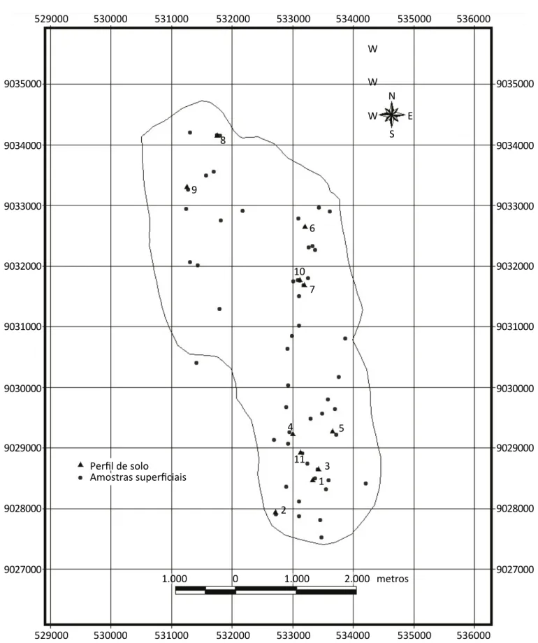 Figure 4 – Map of the distribution of sampled points at the micro-drainage basin of the Itacuruba creek.