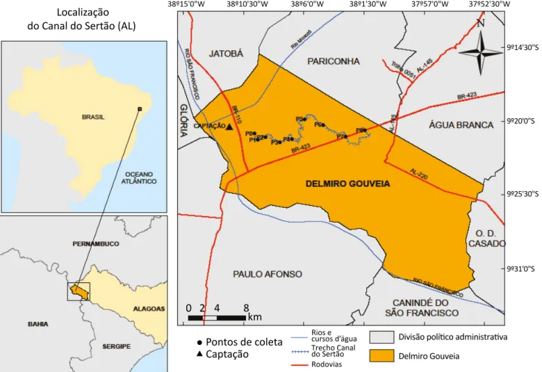 Figura 1 – Localização do Canal do Sertão Alagoano e dos pontos de coleta, adaptada de IBGE (2016).
