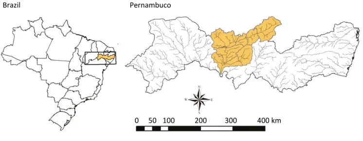 Figure 1 – Brazil and the study area in Pernambuco state located in the semi-arid region of northeastern Brazil  (Pernambuco state is marked on the Brazilian map), as well as the Pajeú River watershed (marked on the Pernambuco map).