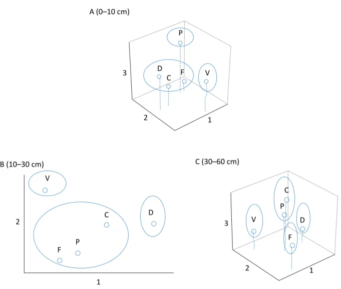 Figure 1 – Dispersion of the physical and chemical attributes of the soil layer in relation to major components (1, 2, and 3)  grouped by the Tocher method (circles and ellipses) for the uses short cycle (C), discarded area (D), fruit (F), pasture (P), and
