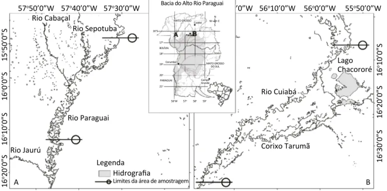 Figura 1 – Locais de coleta na Bacia Alto Paraguai: (A) Rio Paraguai; e (B) Rio Cuiabá.