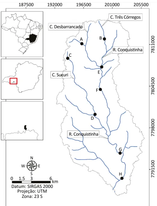 Figure 1 – Sampling sites at the Conquistinha River watershed, Uberaba, Minas Gerais, Brazil.