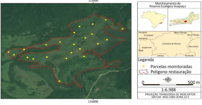Figura 1 – Localização da área de estudo no estado do Rio de Janeiro e distribuição espacial das parcelas  de estudo (25 x 4 m) na Reserva Ecológica Guapiaçu, município de Cachoeiras de Macacu, Rio de Janeiro.