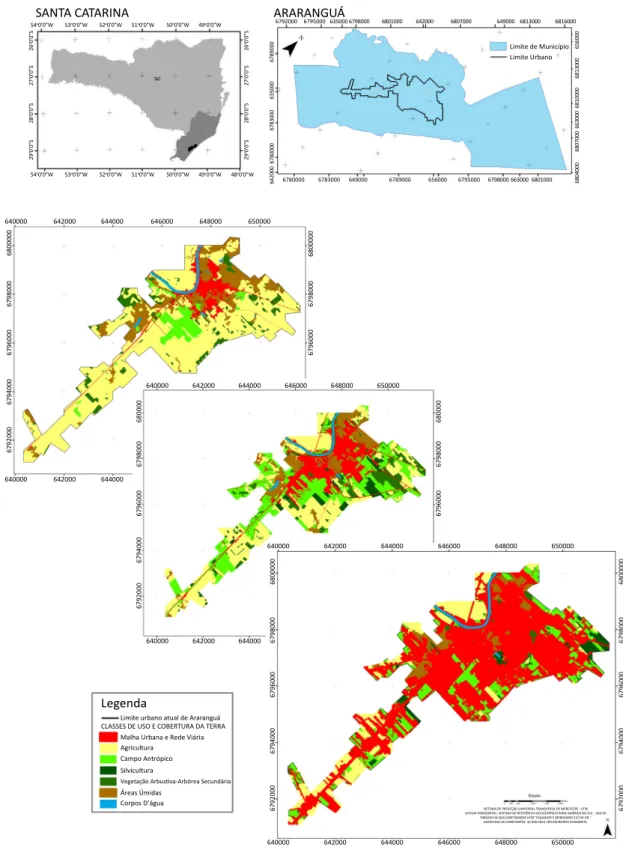 Figura 1 – Mapa de localização da área estudada, evidenciando a expansão urbana da cidade de Araranguá no período de  1957 a 2010 (cor vermelha) sobre as demais formas de uso e cobertura da terra