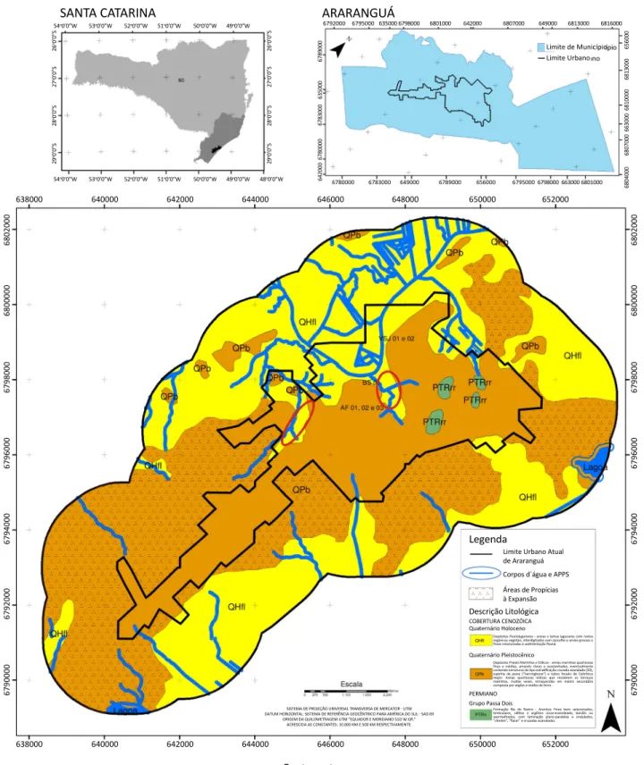 Figura 3 – Mapa geológico da área estudada, com delineamento das áreas propícias à expansão urbana da cidade de  Araranguá, segundo as características sedimentológicas e a presença de áreas de preservação permanente definidas por Lei,  cujas cotas altimétr