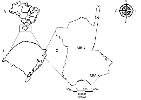 Figura 1 – (A) Brasil; (B) Rio Grande do Sul; (C) Floresta Nacional de São Francisco de Paula