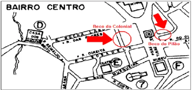 Figura 7. Ausência de identificação dos Becos do Pilão e Colonial no mapa turístico de Ouro Preto  Fonte: Peret (2008)