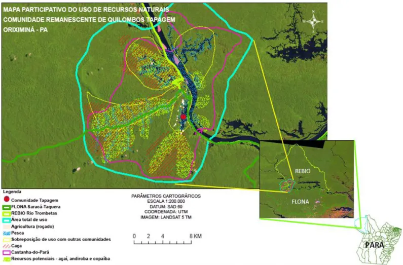 Figura 2 – Mapa participativo sintetizando o uso de recursos naturais pelos quilombolas da  Tapagem 