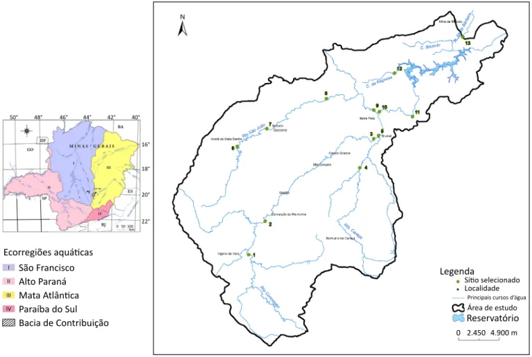 Figura 1 – Mapa da rede de amostragem da bacia de drenagem do   reservatório da Usina Hidrelétrica (UHE) de Peti, no alto Rio Doce (MG).