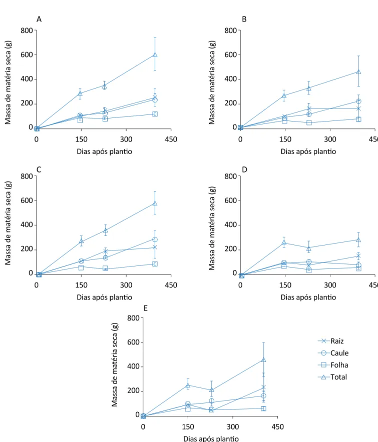 Figura 2 – Evolução do acúmulo de matéria seca de citronela com um corte nas folhas aos 145 dias após o plantio e com  desbastes na raiz: (A) sem corte na raiz; (B) 25% de corte na raiz; (C) 50% de corte na raiz; (D) 75% de corte na raiz; (E) 100% de 