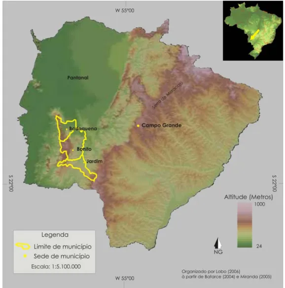 Figura 1 – Região Turística da Serra da Bodoquena sobre imagem de relevo do Estado  de Mato Grosso do Sul 