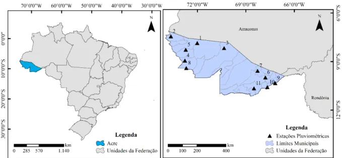 Figura 1 – Mapa de localização do Acre e distribuição espacial das estações pluviométricas utilizadas.