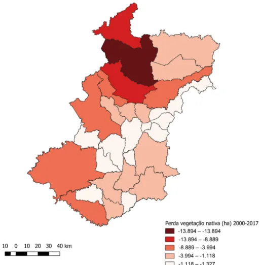 Figura 4. Perda de vegetação nativa na Região Metropolitana de Curitiba entre 2000 e 2017.