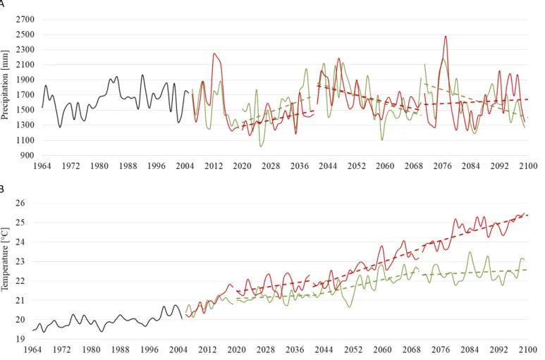 Figure 5 – Annual climate projections of precipitation and temperature for BHAT obtained through the mean of the analyzed models*.