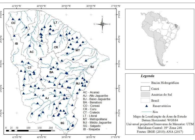 Tabela 1 – Características gerais com valores de mínimo e máximo (média) dos 101 reservatórios em estudo e,  especificamente, dos quatro maiores reservatórios (Castanhão, Orós, Banabuiú e Araras).