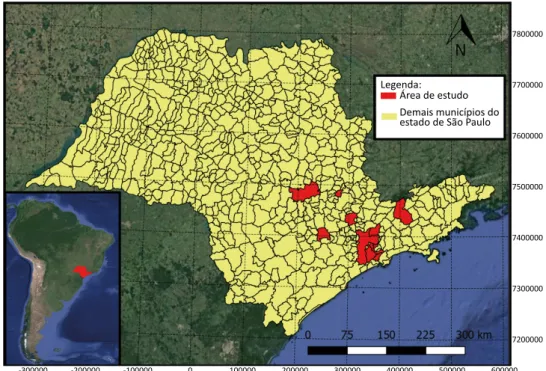 Figura 1 – Mapa do estado de São Paulo com destaque em vermelho nos 11 municípios  analisados no presente estudo