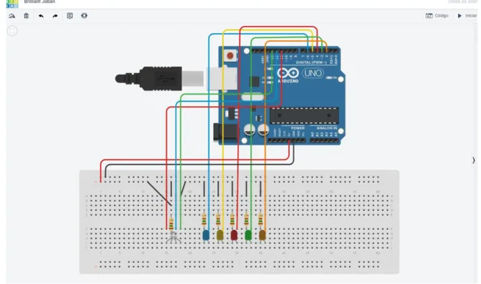 Figura 4 – Exemplo de circuito eletrônico desenvolvido no Tinkercad, com o objetivo de acender os LEDs sequencialmente  via programação