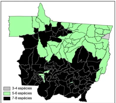 Figura 1. Distribuição geográfica potencial de nove espécies de tatus (sobreposição dos mapas  individuais) nos municípios de Mato Grosso, Brasil