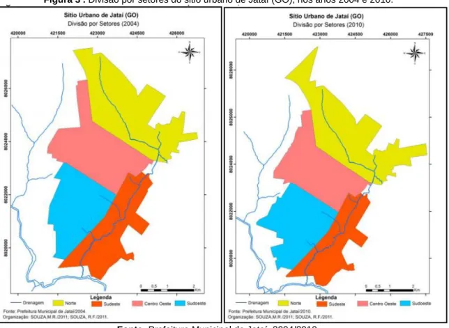 Figura 3 . Divisão por setores do sitio urbano de Jataí (GO), nos anos 2004 e 2010.
