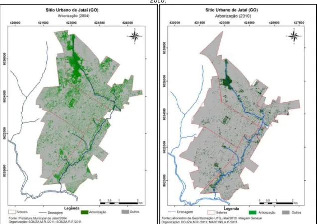 Figura 4. Caracterização da cobertura vegetal arbórea no sítio urbano de Jataí (GO) nos anos de 2004 e  2010.