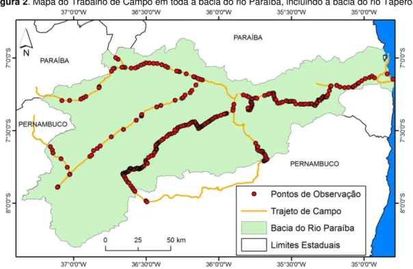 Figura 2. Mapa do Trabalho de Campo em toda a bacia do rio Paraíba, incluindo a bacia do rio Taperoá